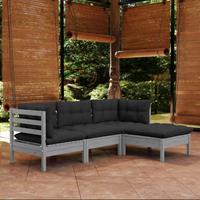 vidaXL 4-delige Loungeset met kussens grenenhout grijs