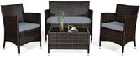 costway 4-Delige Rotan Meubelset met Gehard Glas Salontafel Polyrattan Set Balkonbankstel Bruin+Grijs