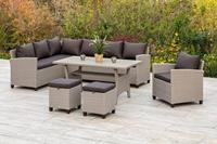 MERXX Tuin-eethoek Palma Hoekbank, fauteuil, 2 hockers, tafel, met kussen (5-delig)