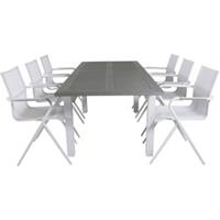 Hioshop Albany tuinmeubelset tafel 90x152/210cm en 6 stoel Alina wit, grijs, crèmekleur.