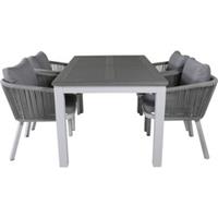 Hioshop Albany tuinmeubelset tafel 90x152/210cm en 4 stoel Virya wit, grijs, crèmekleur.