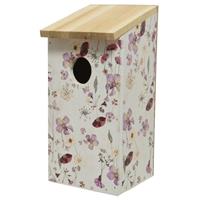 Decoris Vurenhouten vogelhuisjes/nestkastjes met bloemen print 12 x 13,5 x 26 cm -