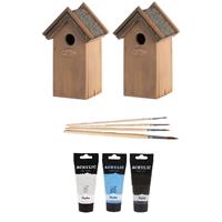 Lifetime Garden 2x Houten vogelhuisje/nestkastje 22 cm - zwart/wit/lichtblauw DHZ schilderen pakket -