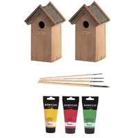 Lifetime Garden 2x Houten vogelhuisje/nestkastje 22 cm - rood/geel/groen Dhz schilderen pakket -