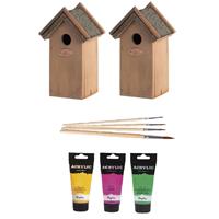 Lifetime Garden 2x Houten vogelhuisje/nestkastje 22 cm - roze/geel/groen Dhz schilderen pakket -