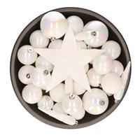 Bellatio 33x stuks kunststof kerstballen met piek 5-6-8 cm parelmoer wit incl. haakjes -