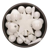 Bellatio 33x stuks kunststof kerstballen met piek 5-6-8 cm wit incl. haakjes -