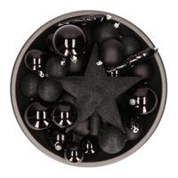Bellatio 33x stuks kunststof kerstballen met piek 5-6-8 cm zwart incl. haakjes -