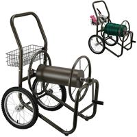 RELAXDAYS Schlauchwagen, 3/4' Anschluss, bis 90 m Schlauch, 2 Lufträder, Korb für Zubehör, Schlauchtrommel Metall, braun