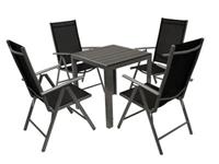 DEGAMO Garnitur SORANO 5-teilig mit Tisch 70x70cm, Aluminium + Polywood + Kunstgewebe schwarz silber