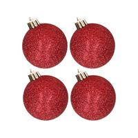 Cosy & Trendy 4x stuks kunststof glitter kerstballen rood 10 cm -