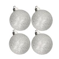 Cosy & Trendy 4x stuks kunststof glitter kerstballen zilver 10 cm -