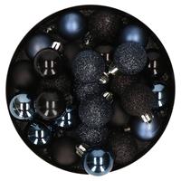 Bellatio 28x stuks kunststof kerstballen donkerblauw en zwart mix 3 cm -
