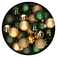Bellatio 28x stuks kunststof kerstballen donkergroen en goud mix 3 cm -