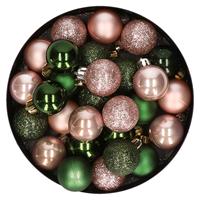 Bellatio 28x stuks kunststof kerstballen donkergroen en lichtroze mix 3 cm -