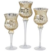 Shoppartners Luxe Glazen Design Kaarsenhouders/windlichten Set Van 3x Stuks Metallic Goud 30-40 Cm - Windlichten