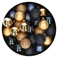 Bellatio 28x stuks kunststof kerstballen goud en donkerblauw mix 3 cm -
