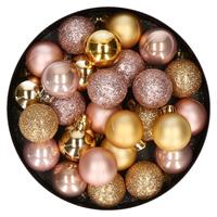 Bellatio 28x stuks kunststof kerstballen goud en lichtroze mix 3 cm -