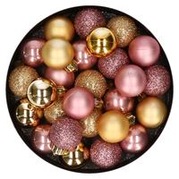 Bellatio 28x stuks kunststof kerstballen goud en oudroze mix 3 cm -