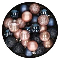 Bellatio 28x stuks kunststof kerstballen lichtroze en donkerblauw mix 3 cm -