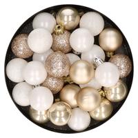 Bellatio 28x stuks kunststof kerstballen parel/champagne en wit mix 3 cm -