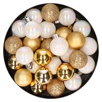 Bellatio 28x stuks kunststof kerstballen parelmoer wit en goud mix 3 cm -