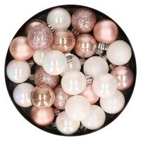 Bellatio 28x stuks kunststof kerstballen parelmoer wit en lichtroze mix 3 cm -