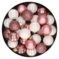 Bellatio 28x stuks kunststof kerstballen parelmoer wit en oud roze mix 3 cm -