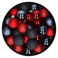 Bellatio 28x stuks kunststof kerstballen rood en donkerblauw mix 3 cm -