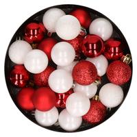 Bellatio 28x stuks kunststof kerstballen rood en wit mix 3 cm -