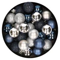 Bellatio 28x stuks kunststof kerstballen zilver en donkerblauw mix 3 cm -