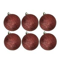 Cosy & Trendy 6x stuks kunststof glitter kerstballen donkerrood 6 cm -