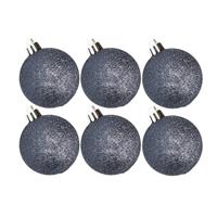 Cosy & Trendy 6x stuks kunststof glitter kerstballen donkerblauw 6 cm -