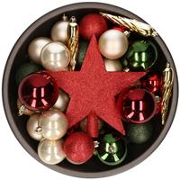 Bellatio 33x stuks kunststof kerstballen met piek 5-6-8 cm rood/groen/champagne incl. haakjes -