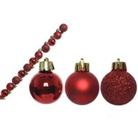 Decoris 14x stuks mini kunststof kerstballen rood 3 cm glans/mat/glitter -