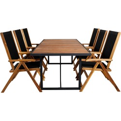 Hioshop Khung tuinmeubelset tafel 100x200cm en 6 stoel Little John zwart, naturel.