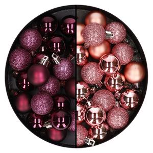 Bellatio 40x stuks kleine kunststof kerstballen aubergine paars en roze 3 cm -