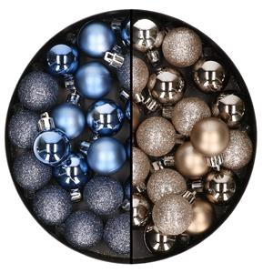 Bellatio 40x stuks kleine kunststof kerstballen donkerblauw en champagne 3 cm -