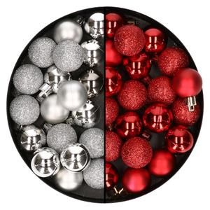 Bellatio 40x stuks kleine kunststof kerstballen rood en zilver 3 cm -