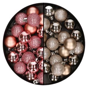 Bellatio 40x stuks kleine kunststof kerstballen roze en champagne 3 cm -