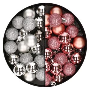 Bellatio 40x stuks kleine kunststof kerstballen roze en zilver 3 cm -