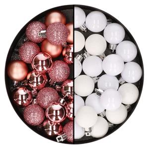 Bellatio 40x stuks kleine kunststof kerstballen wit en roze 3 cm -