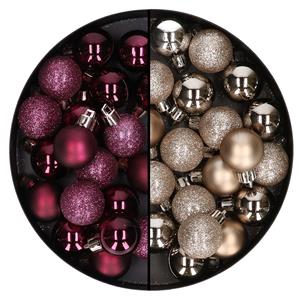 Bellatio 40x stuks kleine plastic kerstballen champagne en aubergine paars 3 cm -