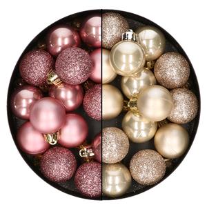 Bellatio 28x stuks kleine kunststof kerstballen champagne en oudroze 3 cm -