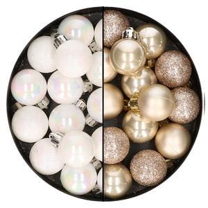 Bellatio 28x stuks kleine kunststof kerstballen champagne en parelmoer wit 3 cm -