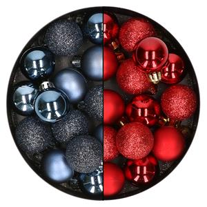 Bellatio 28x stuks kleine kunststof kerstballen donkerblauw en bordeaux rood 3 cm -