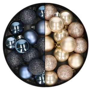 Bellatio 28x stuks kleine kunststof kerstballen donkerblauw en champagne 3 cm -