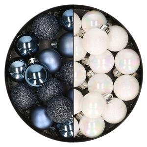 Bellatio 28x stuks kleine kunststof kerstballen donkerblauw en parelmoer wit 3 cm -