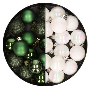 Bellatio 28x stuks kleine kunststof kerstballen donkergroen en parelmoer wit 3 cm -