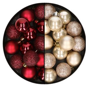 Bellatio 28x stuks kleine kunststof kerstballen donkerrood en champagne 3 cm -